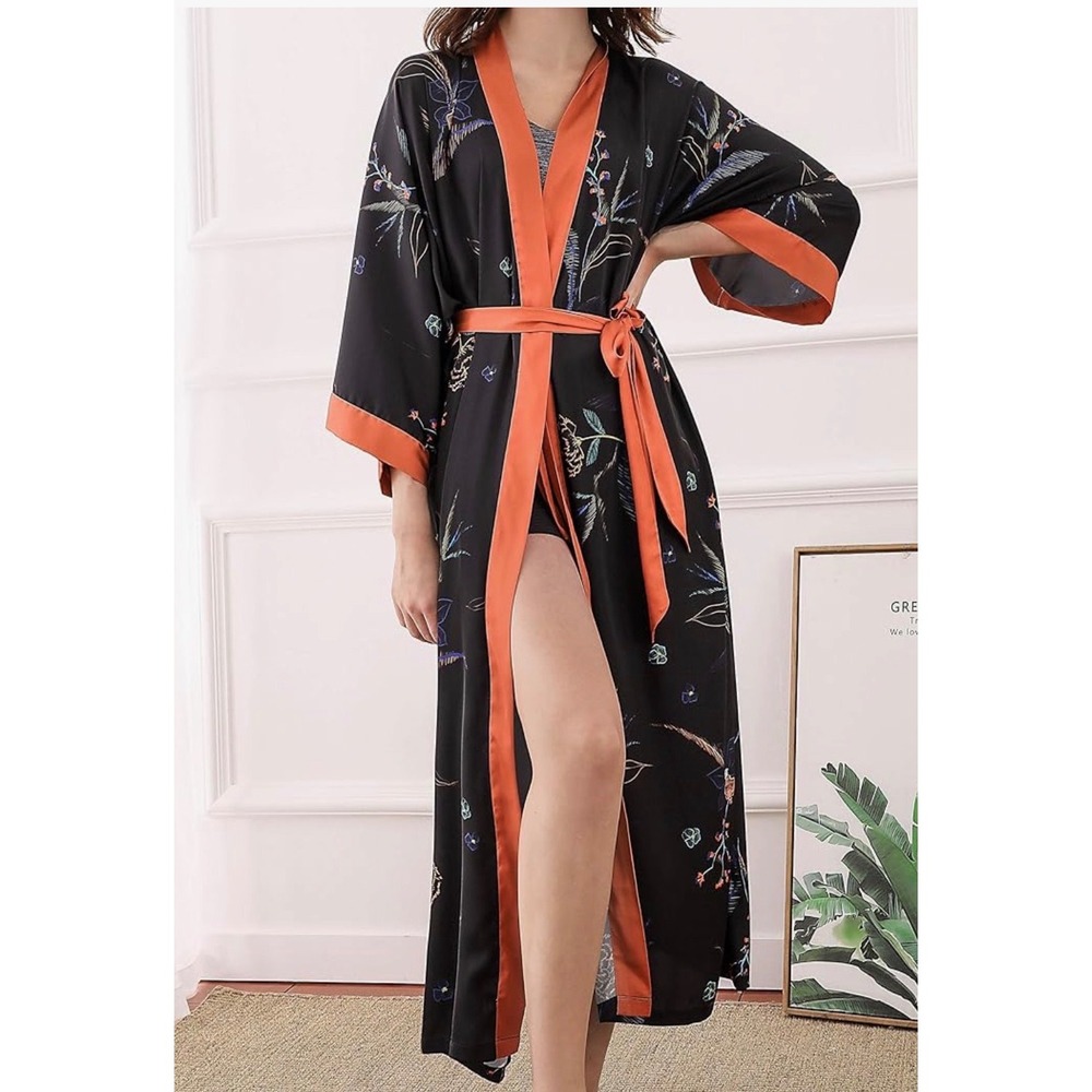 Floral Kimono Robe One Size Black Orange Satin Duster Long Loungewear Belted